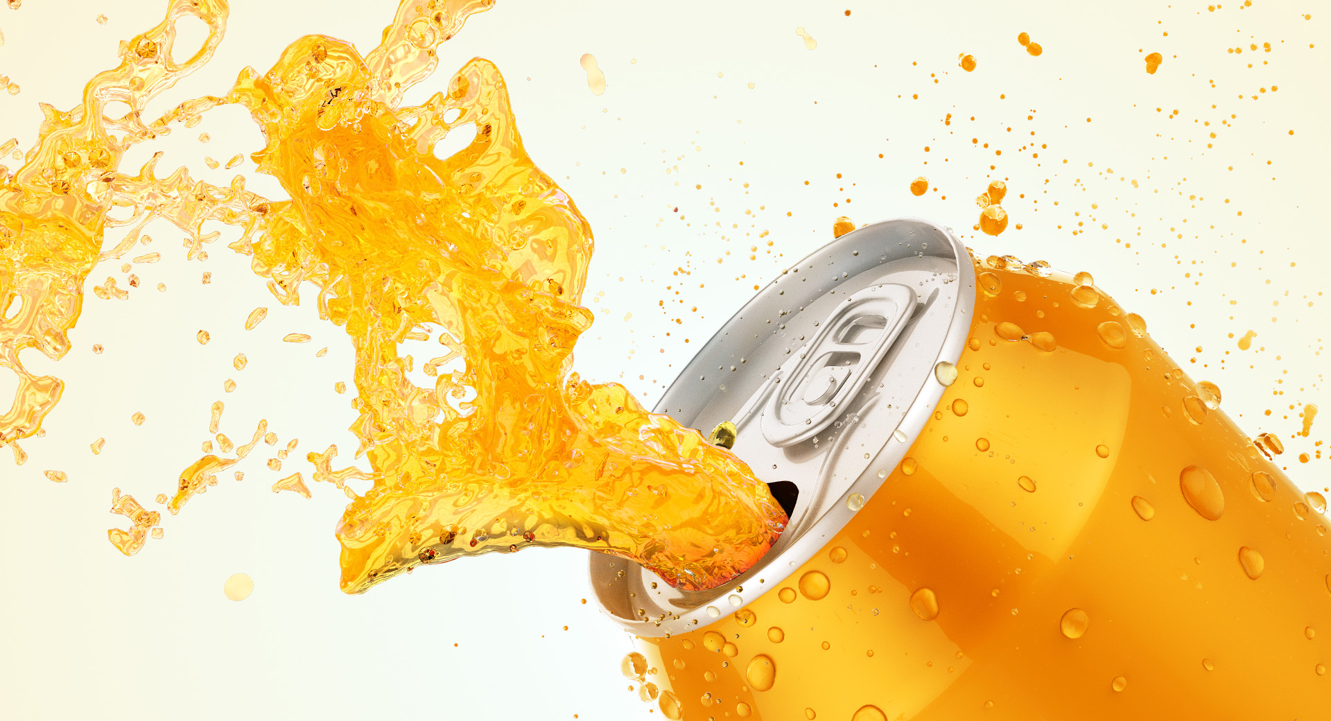 Orange beverage can pouring to the left with soda flying out of the can.