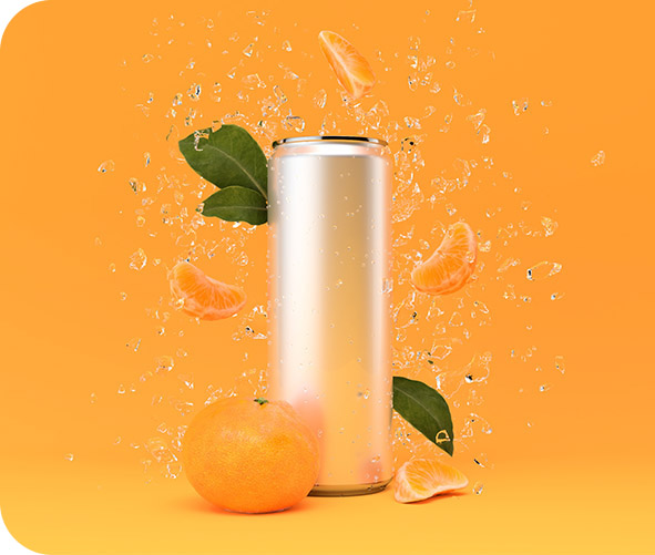 Soda can with water and fruit splash on orange backdrop