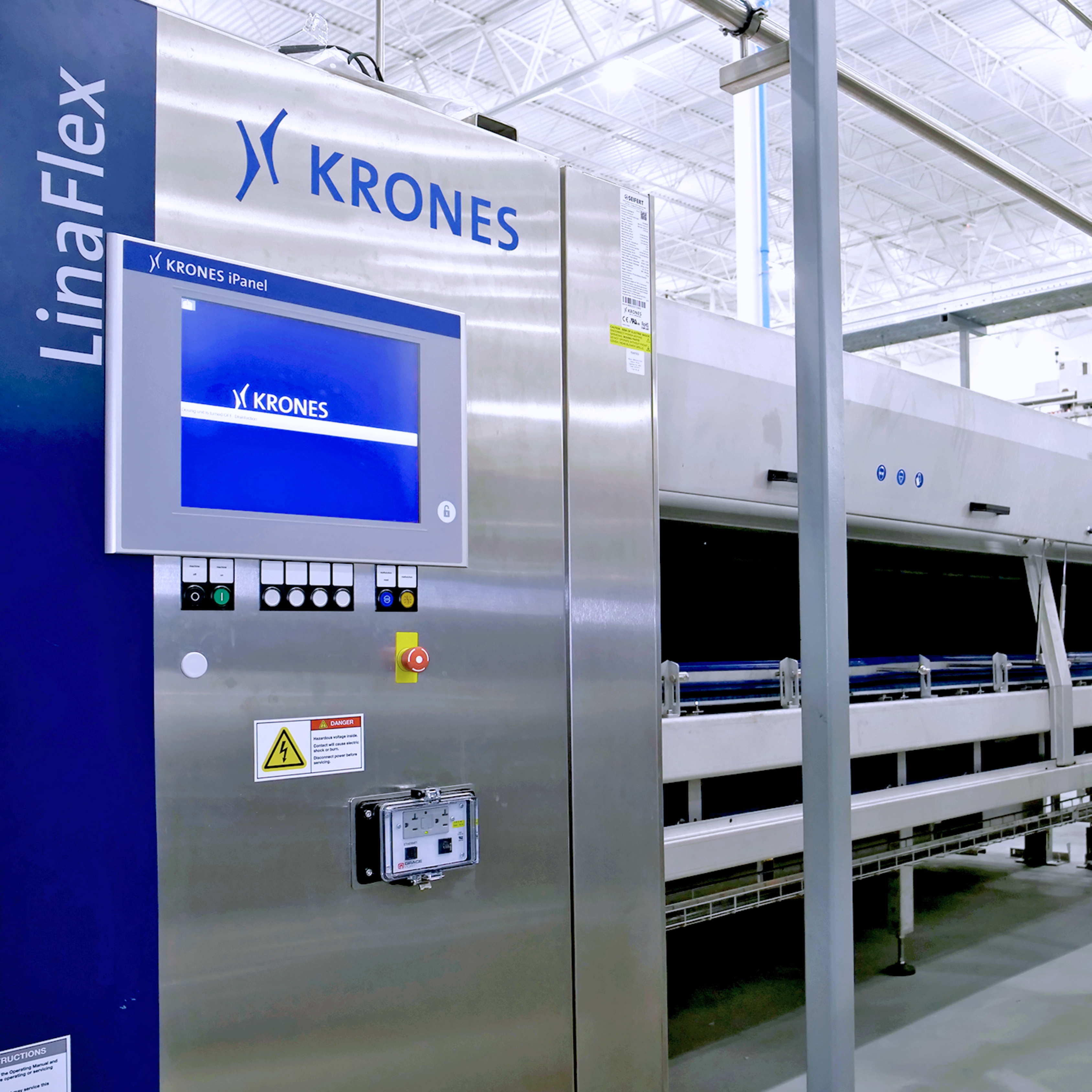 A Krones LinaFlex Tunnel Pasteurization machine at Vobev