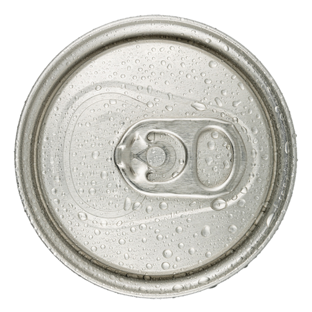 Top of aluminum can with water drops on it.