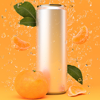 A slim aluminum can with mint leaves, orange slices and water splashing around it.