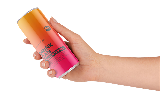 hand holding pink and orange drink can