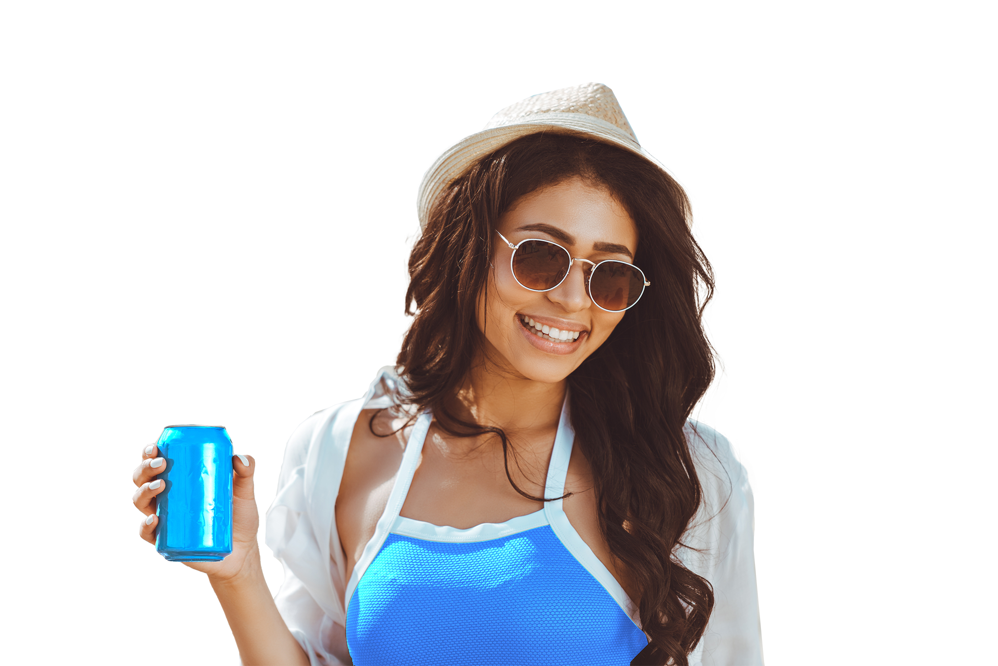 Smiling woman, who is wearing sunglasses and a straw hat, is holding a blue can.